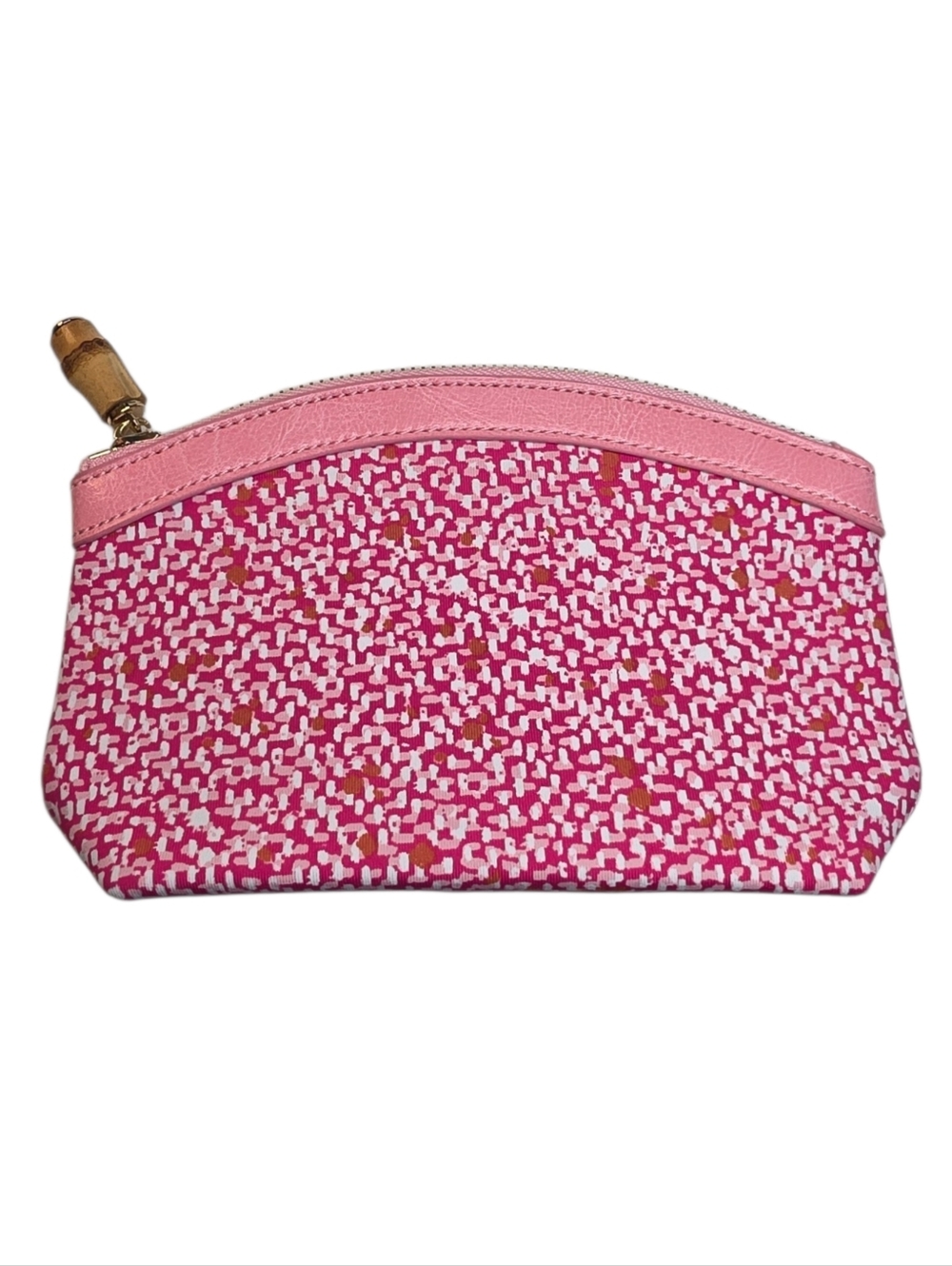 J McLaughlin Pink Travel Makeup Bag Leather Trim Small Dome Pouch Bamboo Charm